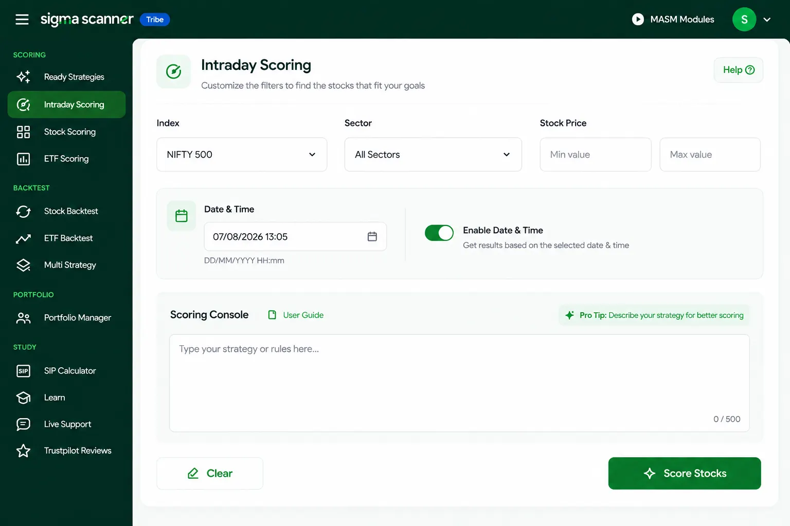 Sigma Scanner — Stock Scoring screen